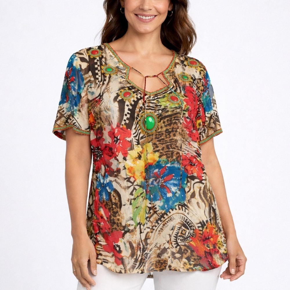 Chicos Silk Blouse Womens XL Beaded Mixed Multi Print Sheer Artsy